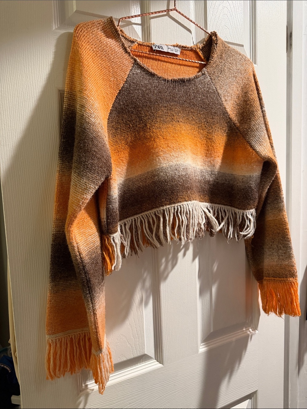 Zara Orange, Brown & Cream Striped Fringe Cropped Sweater
